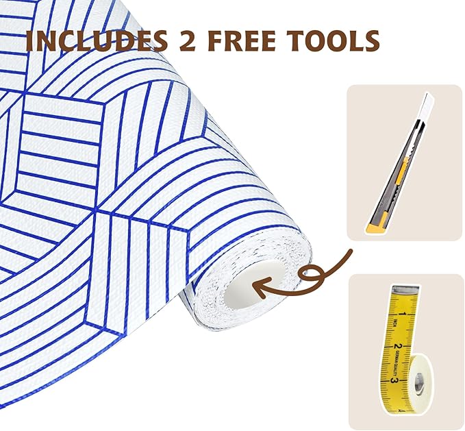 Shelf Liners for Kitchen Cabinets 12in x 20FT, Non Adhesive Cabinet Liner Strong Non-Slip White and Blue Geometric Drawer Liner, Easy to Clean for Shelf, Cabinet with Knife and Tape Measure