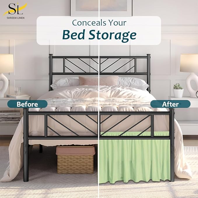 Shreem Linen Ruffled Bed Skirt with Split Corners, Gathered Style, 100% Microfiber, 28-Inch Drop, Dust Ruffle Bedskirt with Platform, Queen, Sage