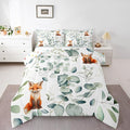 Erosebridal Girls Cartoon Animal Bedding King Size for Kids Toddler Kawaii Fox Comforter Set King, Woodland Wildlife Duvet Insert Jungle Wild Fox Quilt Set, Green Eucalyptus Bedding Comforters & Sets