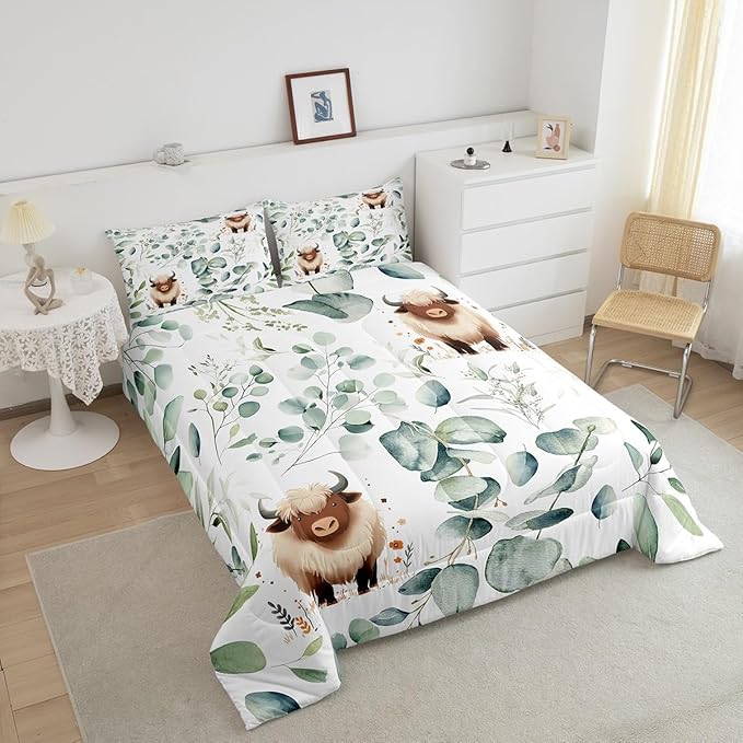 Erosebridal Boys Cartoon Animal Full Comforter Set for Kids Toddler Kawaii Cow Bedding Set Full, Highland Cattle Bull Bedding Comforter Sets Western Cowboy Duvet Set Green Eucalyptus Quilted Comforter