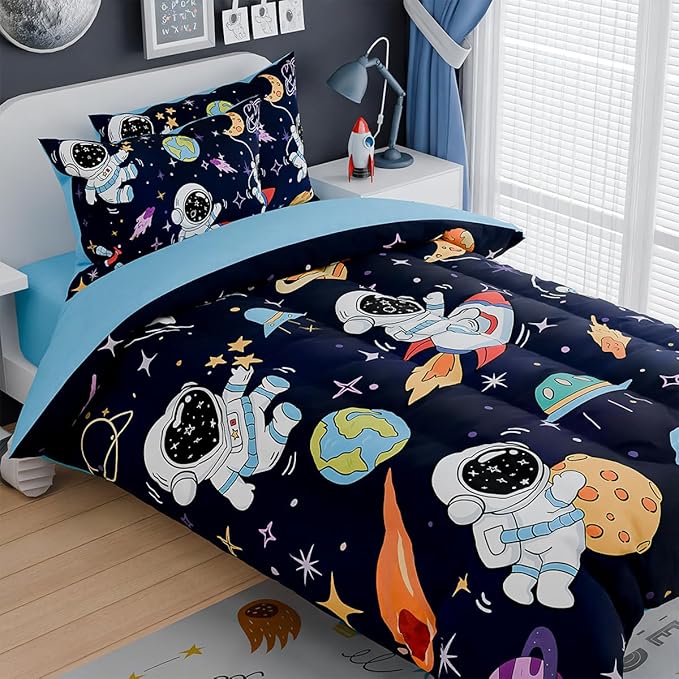 SANDJEST Astronaut Bedding Sets for Boys, Ultra Soft Microfiber Comforter Full Size Set with 4-Pieces, Comforters for Kids Children Boy Bedroom Decor