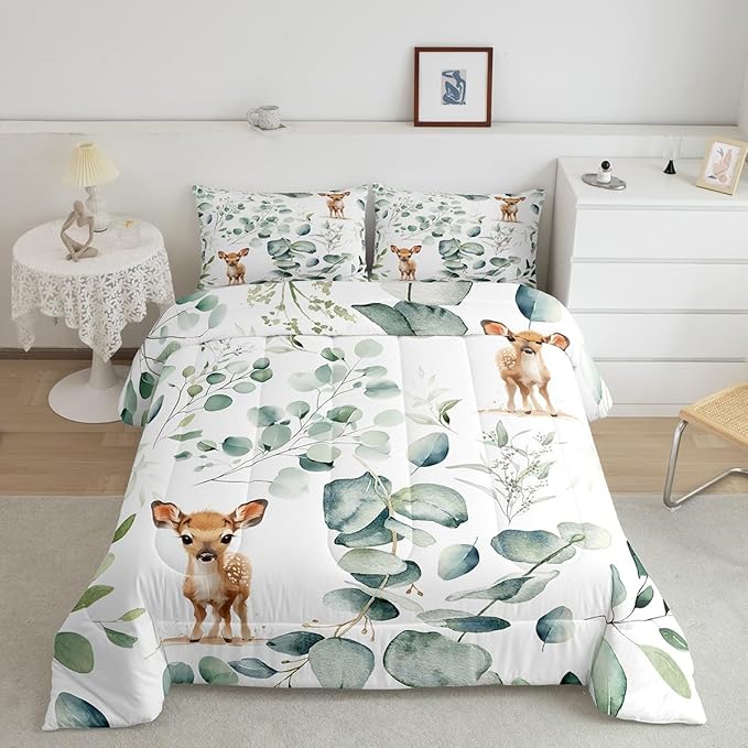 Erosebridal Cartoon Deer Twin Size Comforter Set Toddler Woodland Wildlife Bedding Set, Spring Plant Down Comforter Eucalyptus Leaf Bed Set, Jungle Animal Theme Quilted Duvet Kids Room Decor