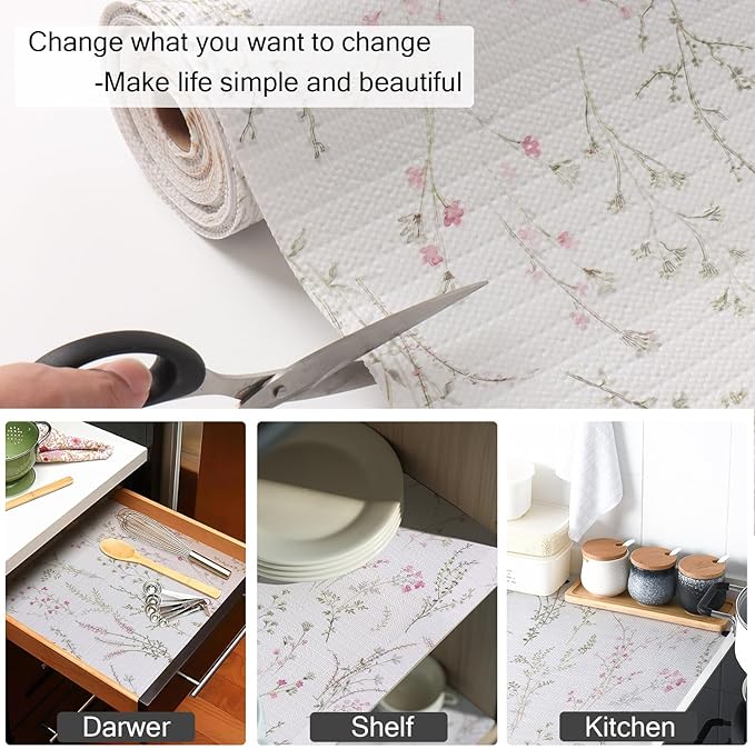 Floral Drawer and Shelf Liner for Cabinets, 12IN x 20FT Non-Adhesive and Strong Non-Slip Flower Shelf Cabinet Drawer Liners for Kitchen,Table,Bookshelves,Waterproof Cupboard Liners