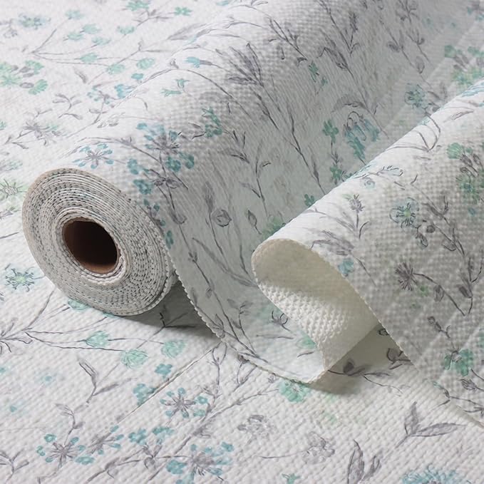 Blue and Green Floral Shelf Liners Non Adhesive and Strong Non-Slip Shelf and Drawer Liners for Kitchen Cabinet Wire Fridge, Waterproof Shelf Drawer Liner,Easy to Clean,12IN x 10FT