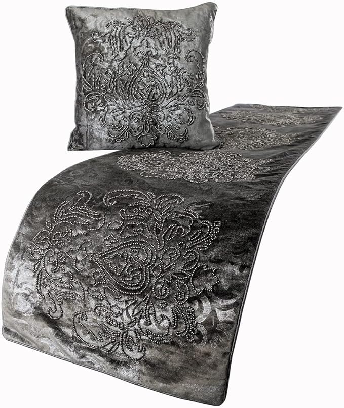 HomeCentric Designer Bed Runner with 2 Decorative Throw Pillow Covers, 86 x 18 Inch Damask Foil Velvet Embroidery Bed Scarf