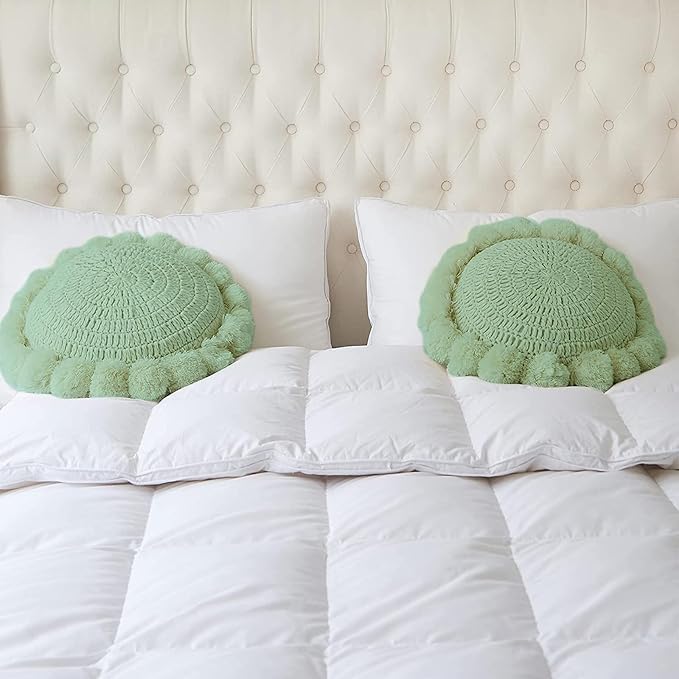 Boho Round Throw Pillow with Cute Handmade Pom Poms Tassels 18 Inch, Decorative Circular Knitted Crochet Cushion for Couch, Sofa, Chair, Bed, Sage Green