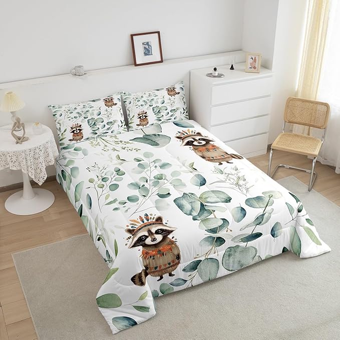 Erosebridal Cute Raccoon Toddler Size Comforter Set for Kids Child Green Eucalyptus Bedding Set, Woodland Animal Down Comforter Botanical Plant Leaves Bed Set, Cartoon Wildlife Quilted Duvet