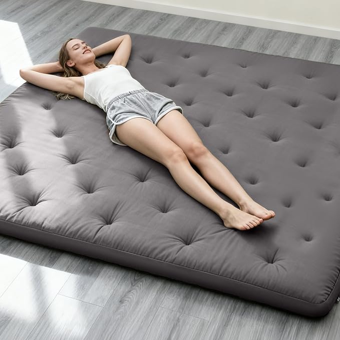 ZonLi Japanese Floor Futon Mattress Full Size 75"x 54", 100% Cotton Cover 4'' Thicken Tatami Mattress, Foldable Sleeping Pad, Portable Dormitory Tatami Mat, Roll Up Floor Lounger Bed for Adult (Grey)