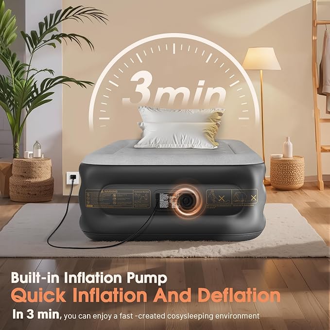 Twin Air Mattress with Built in Pump,18''Inflatable Mattress 2 Mins Self-Inflation/Deflation,XL-Long Blow up Mattress Thicker,Flocked Top Air Bed with Storage Bag for Home, Camping & Guests