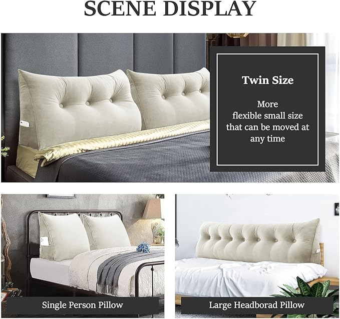 Bed Wedge Headboard Pillow - College Dorm Reading Pillow Back Support While Sitting in Bed - Ergonomic Lumbar Pillow Body Positioning Bed Pillow - Velvet Beige 39IN