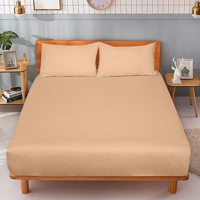 ROYALE LINENS 300 Thread Count 100% Long Staple Combed Cotton Fitted Sheet Twin - Super Soft Deep Pocket Bottom Sheet - Fitted Sheets Only - Elastic Sheets (Twin, Sand)