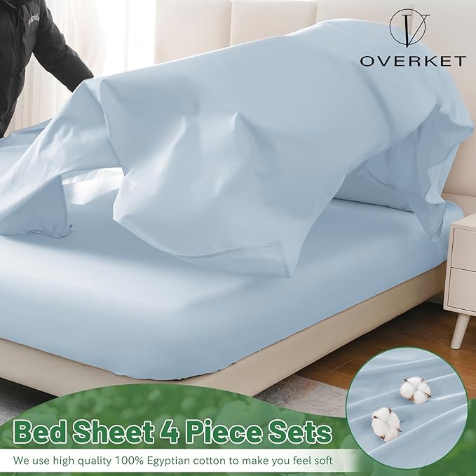 100% Egyptian Cotton Sheets Cal King Sheet Set 1000 Thread Count Sateen Weave Soft Breathable 16-Inch Deep Pocket 4PCS（California King,Light Blue）