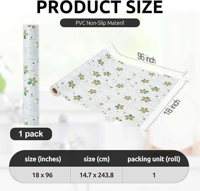 RAY STAR 18X96 Inch Shelf Liner for Kitchen Cabinets, Non-Adhesive Cabinet Liner Washable, PVC Drawer Liner for Dresser Non-Slip Bathroom (Green-Floral)(1 Roll)
