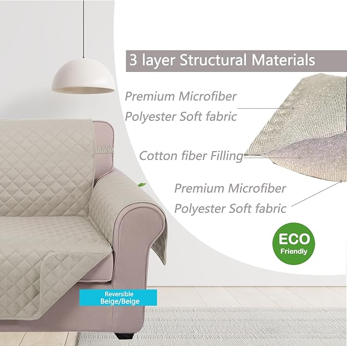 U-NICE HOME Recliner Chair Covers Reversible Chair Cover Pet Covers for Dogs with Elastic Straps Water Resistant Diamond Quilted (28''Recliner Oversized, Beige/Beige)