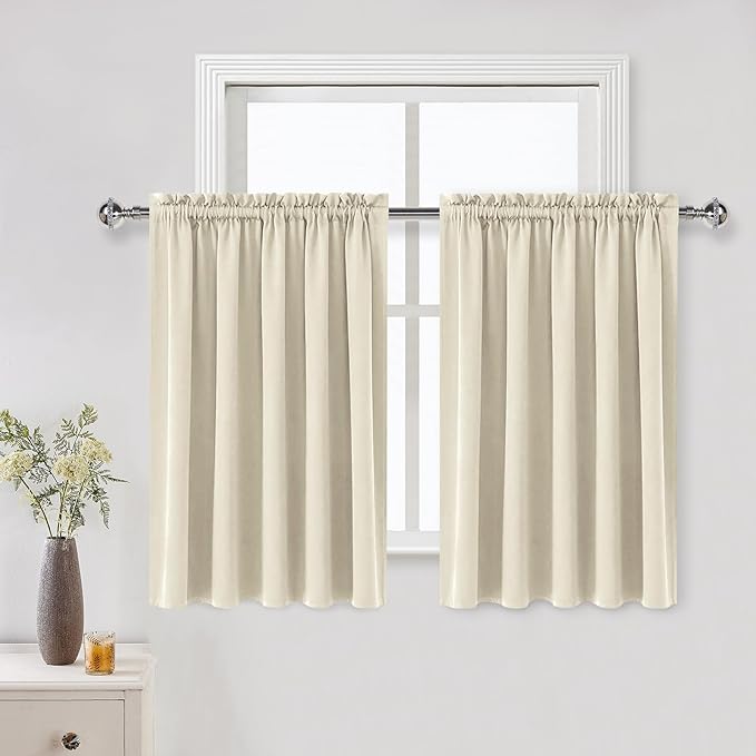 DWCN Blackout Curtains for Living Room Thermal Insulated, Energy Saving & Noise Reducing Bedroom Curtains, Light Beige, W 52x L 36 Inch, Set of 2 Rod Pocket Curtain Panels