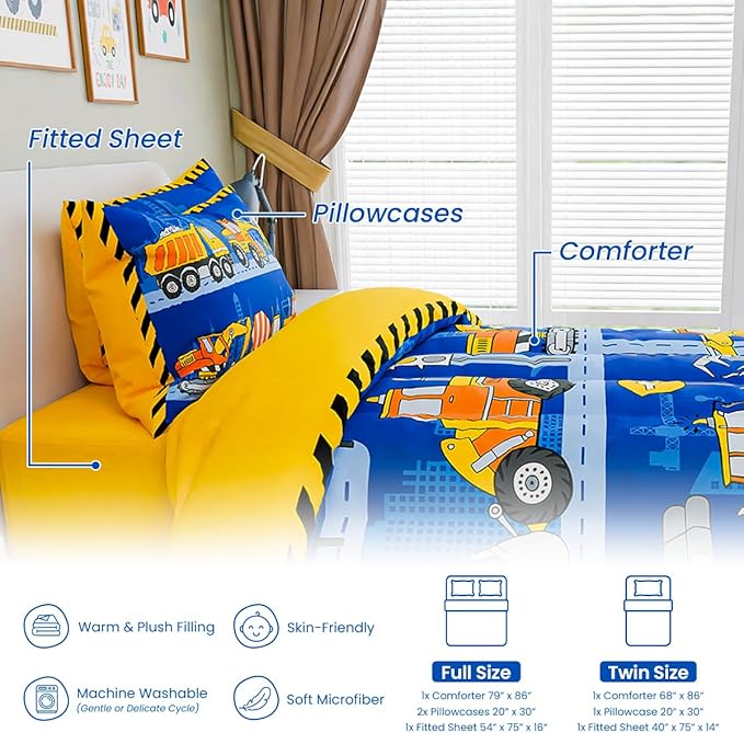 SANDJEST Construction Bedding Sets for Boys, Ultra Soft Microfiber Comforter Bed Set with 3-Pieces, Comforters Sets for Kids Children Boy Bedroom Decor