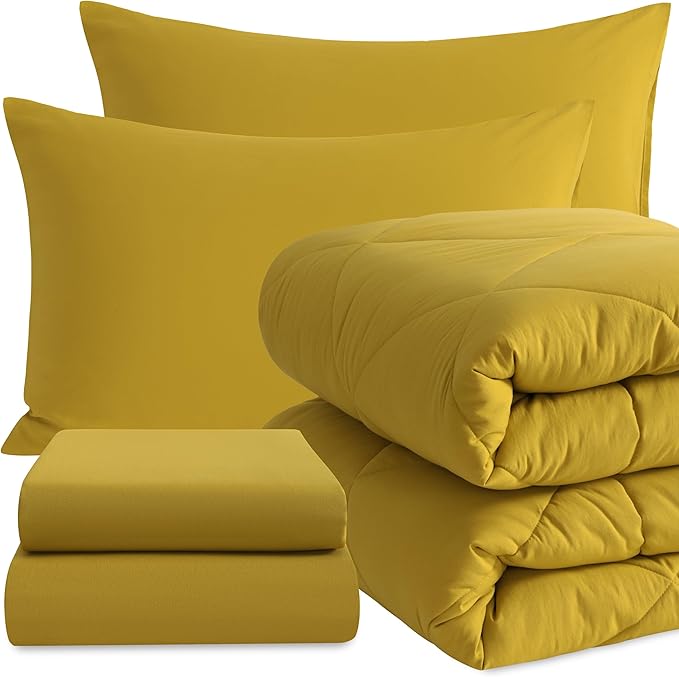 NTBAY Twin Comforter Set with Sheets, 5 Pieces Soft and Breathable Twin Bedding Set, Twin Bed in a Bag, Down Alternative Comforter Set Solid Color All Season, Kids Bedding Set, Yellow