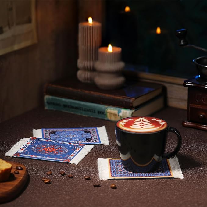 4 Pieces Rug Table Coasters Table Drink Holders Oriental Design Fabric Carpet Drink Mats Oriental Design Fabric Elegant Carpets Kitchen and Bar Mats for Home Office (Square,Novelty Pattern)