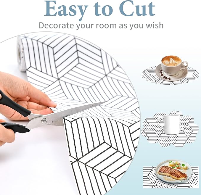 Shelf Liners for Kitchen Cabinets 12in x 20FT, Non Adhesive Cabinet Liner Strong Non-Slip Thickened Black White Geometric Drawer Liner, Easy to Clean for Shelf, Cabinet with Knife and Tape Measure