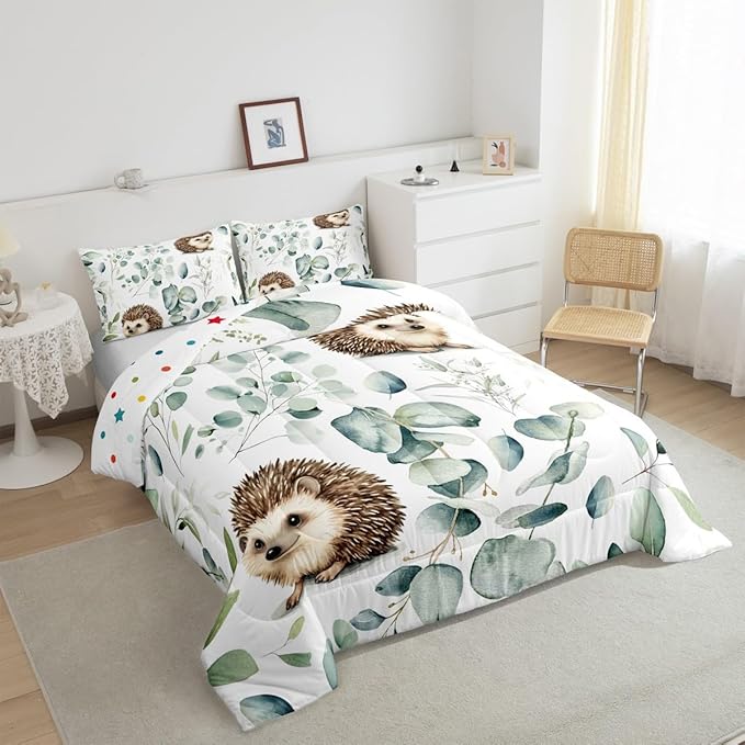 Erosebridal Cute Hedgehog Toddler Comforter Set for Kids Child Green Eucalyptus Bedding Set, Woodland Animal Bedding Comforter Sets Plant Leaves Duvet Set, Cartoon Wildlife Quilted Comforter