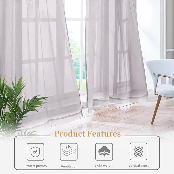 Sheer Curtains 72 Inches Long 2 Panels, Rod Pocket Short Curtain for Kitchen, Bedroom, Cafe Window(Light Grey 38" W x 72" L)