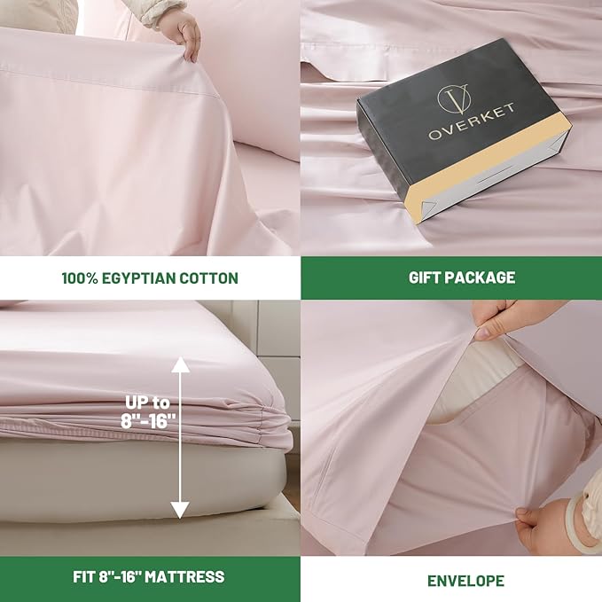 100% Egyptian Cotton Sheets Cal King Sheet Set 4PCS 1000 Thread Count Sateen Weave Soft Breathable 16-Inch Deep Pocket（California King,Light Pink）