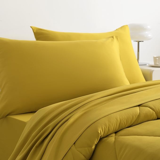 NTBAY Twin Comforter Set with Sheets, 5 Pieces Soft and Breathable Twin Bedding Set, Twin Bed in a Bag, Down Alternative Comforter Set Solid Color All Season, Kids Bedding Set, Yellow