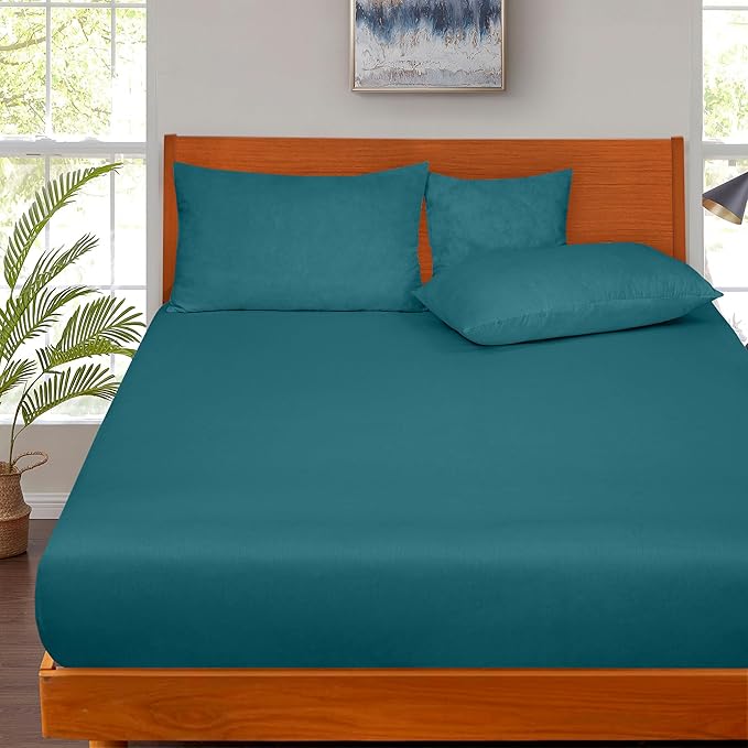 ROYALE LINENS 300 Thread Count 100% Long Staple Combed Cotton Fitted Sheet Full - Super Soft Deep Pocket Bottom Sheet - Fitted Sheets Only - Elastic Sheets (Full, Teal)