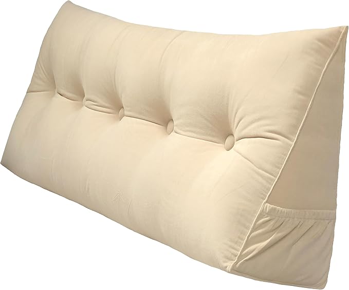 Triangular Reading Bed Rest Pillow Large Bolster Cushion Headboard Backrest Wedge Pillow with Removable Cover and Two Large Side Pockets (Beige, Queen: 59 x 8 x 20 inches)