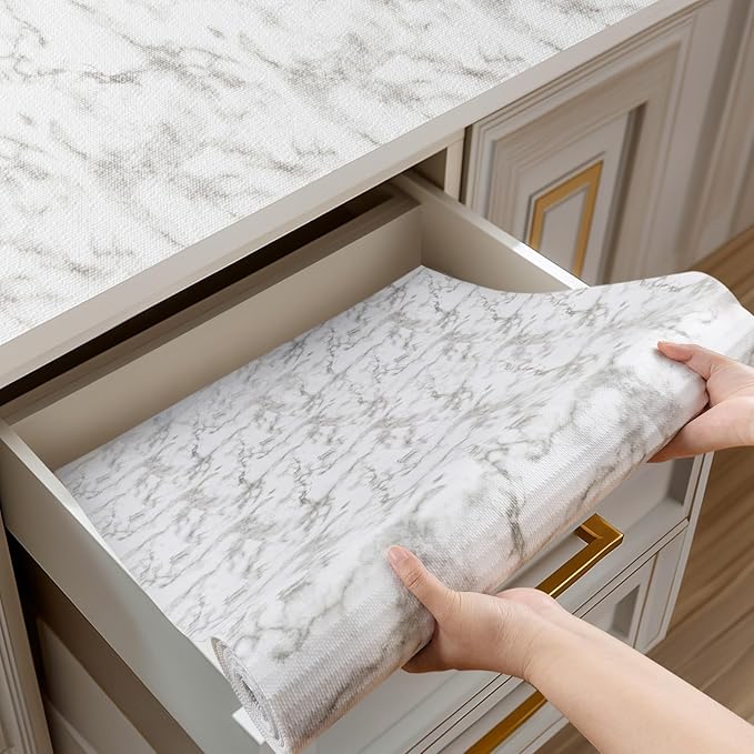 Shelf and Drawer Liner for Kitchen Cabinets Non-Adhesive, Strong Grip Non-Slip Thickened Cabinet Liners for Shelves, Waterproof Mats for Dresser Cupboard, Marble, 12 in x 20 Feet