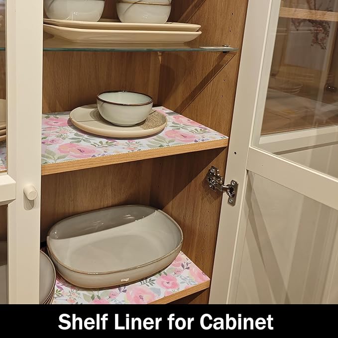 Peach Peony Shelf and Drawer Liner 12IN x 20FT,Non-Adhesive and Strong Non-Slip Floral Cabinet Drawer Liners for Kitchen Shelf, Waterproof Cupboard Liners,Easy to Clean