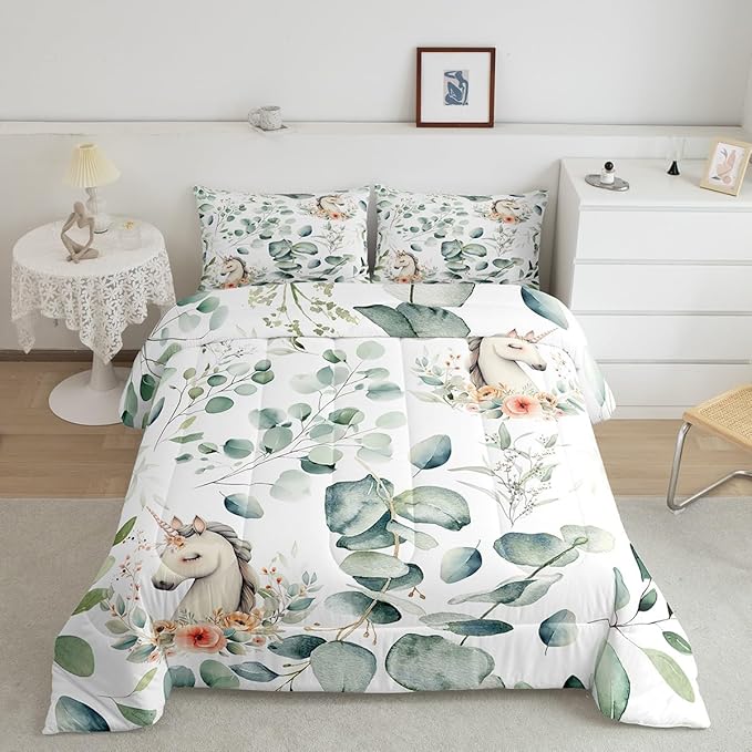 Erosebridal Kids Cute Animal Toddler Size Comforter Set for Girls Boys Cartoon Unicorn Bedding Set, Spring Eucalyptus Down Comforter Watercolor Floral Bed Set, Kawaii Magical Animal Quilted Duvet