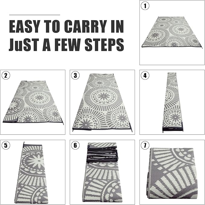 Ileading Large Plastic Outdoor Rug 9x12ft Modern Geometric Style Reversible Patio Area Rugs Waterproof Non Shedding Portable Carpets for Rv Outside Deck Pool Beach Picnic Camping (Grey)