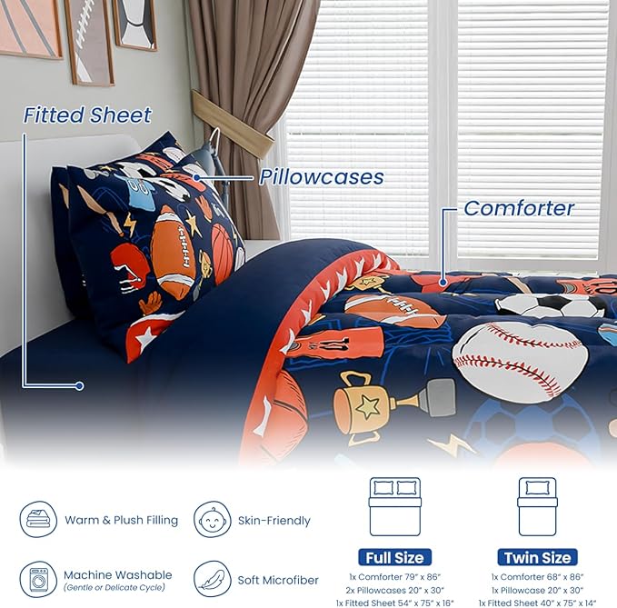 SANDJEST Sports Bedding Sets for Boys, Ultra Soft Microfiber Comforter Full Size Set with 4-Pieces, Comforters for Kids Children Boy Bedroom Decor