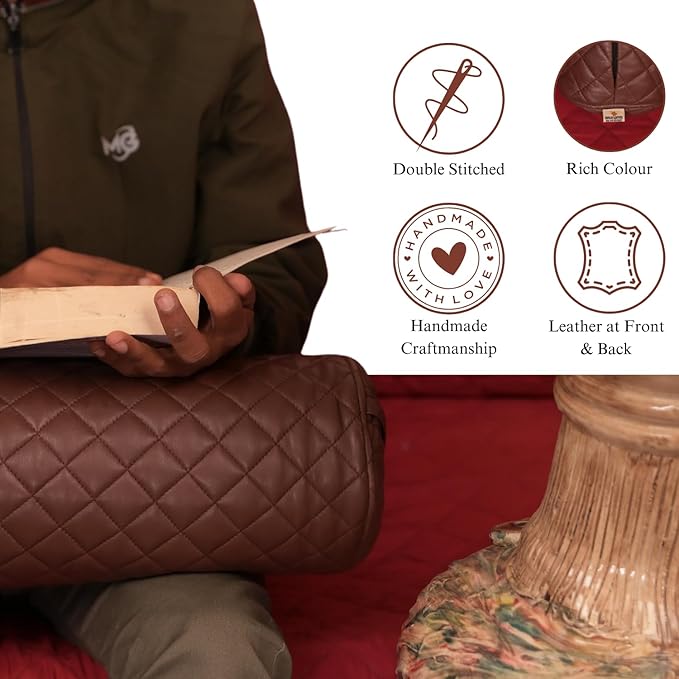 Neck Roll Pillow Cushion Cover, 18x6 Inch Full Moon Round Bolster Pillow Case, Cylinder Soft Lambskin Leather Pillowcase for Head, Spine & Neck Support During Sleep - Quilted Chocolate Brown Pack of 2