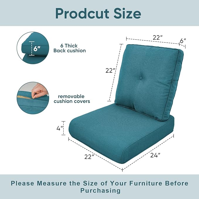 Outdoor Chair Cushions 3 Packs - Outside High Back Thick Water-Resistant Cushion 22x24 with Zipper Cover for Patio Glider Rocking Chairs Loveseat Couch – Peacock Green/Buckle