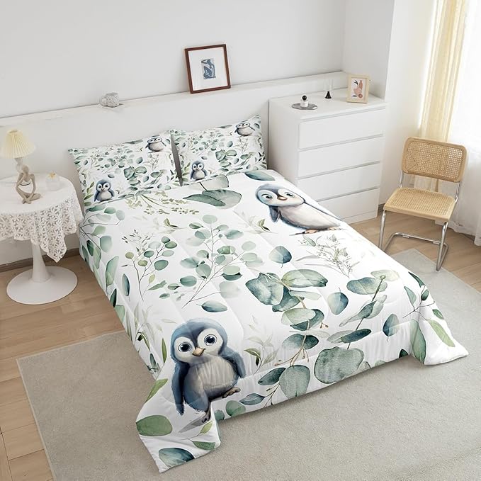 Erosebridal Cartoon Penguin King Size Comforter Set Toddler Woodland Wildlife Bedding Set, Spring Plant Down Comforter Eucalyptus Leaf Bed Set, Antarctic Animal Theme Quilted Duvet Kids Room Decor