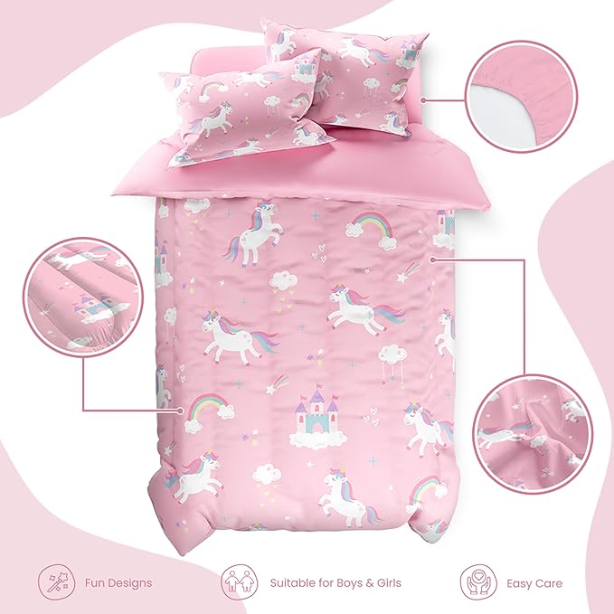 SANDJEST Unicorn Comforter Set Twin Size 68x86in for Kids Girls, Microfiber 3 Pcs Bedding Set Includes 1 Comforter, 1 Pillowcase, 1 Fitted Sheet, Nursery Room Decor