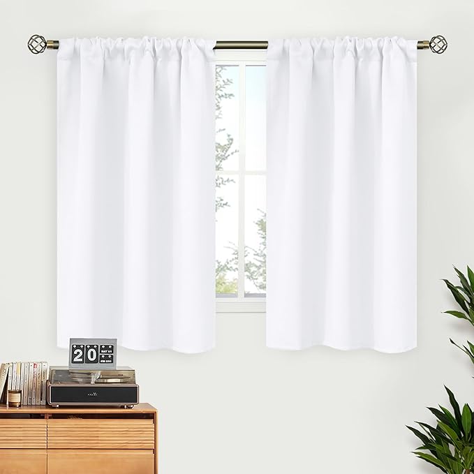 BGment White Curtains 45 Inches Length for Short Window - Rod Pocket 34 Inch Wide Small Drapes for Bedroom Kitchen Cafe Basement Privacy, 2 Panels, 34 x 45 Inch