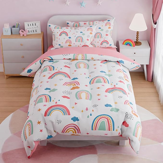 SANDJEST Rainbow Full Bedding Set for Girls, Ultra Soft Microfiber Comforter Set Full Size with 4-Pieces for Kids Teen, Bed Set Comforters for Bedroom Decor
