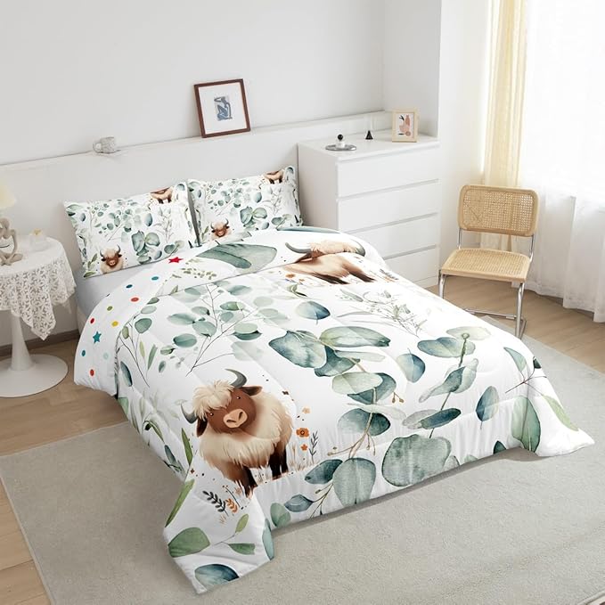 Erosebridal Boys Cartoon Animal Bedding Twin for Kids Toddler Kawaii Cow Comforter Set, Highland Cattle Bull Duvet Insert Western Cowboy Quilt Comforter, Green Eucalyptus Bedding Comforters & Sets