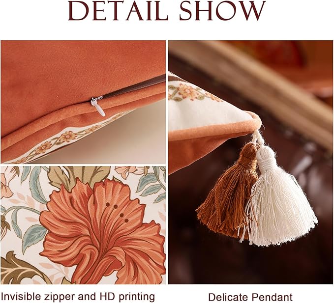 Velvet Square Vintage Throw Pillow Covers,Orange Floral with Wild Flowers Pattern Cozy Pillowcases,Decoration Pillows Cover for Couch Sofa Bed Car Chair Thanksgiving,18"x18"