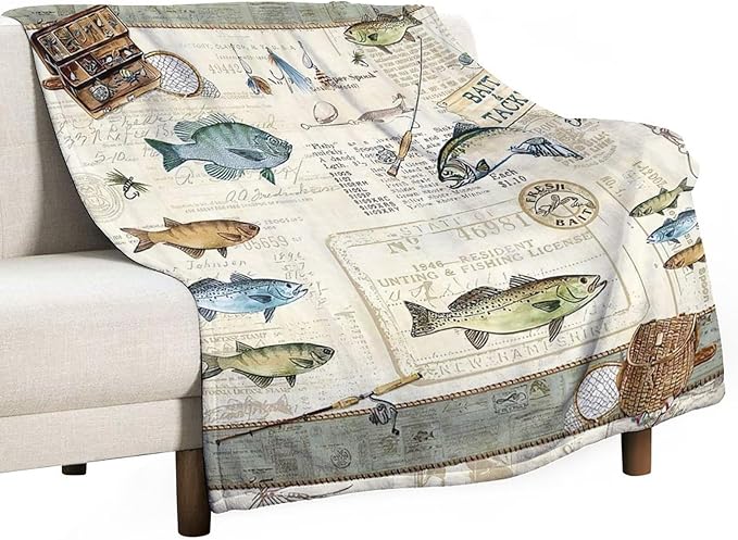 Fishing Blanket Fishing Gifts for Men Fish Throw Blanket Fishing Blanket for Kids Adults Soft Warm Cozy Fleece Blanket for Couch Sofa Bed 60"x80"
