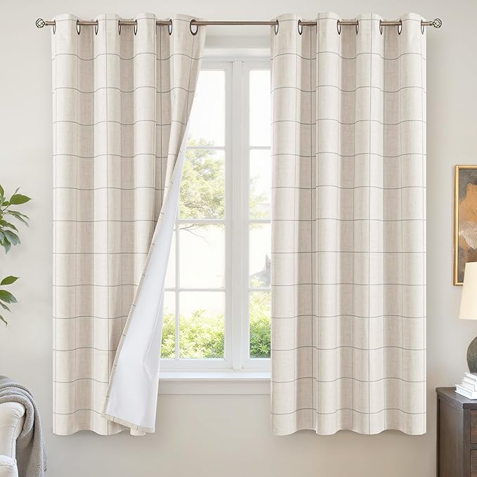 Grey Plaid Linen Blackout Curtains for Bedroom - Boho Style Curtains Thermal Insulated, Pattern Printed Rustic Drapes Window Treatments for Cottage Farmhouse, 52x63 Inch 2 Panels