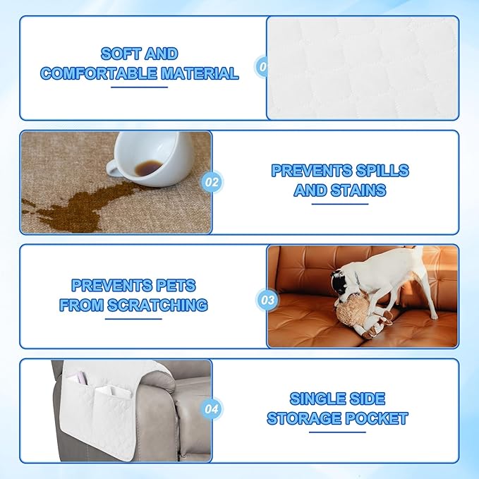 uxcell 3 PCS Armrest Covers, Couch Arm Cover Furniture Protect Slide Recliner Chair Armchair Covers with Side Storage Pocket for Sofa Recliner, Ecru