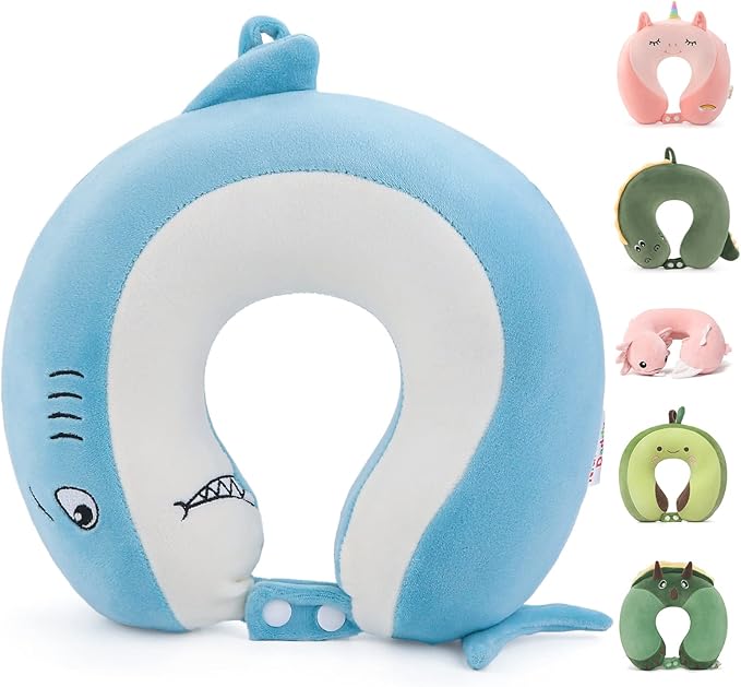Niuniu Daddy Shark Kids Travel Neck Pillows for 3-8 Years Old, Soft Adjustable Memory Foam Neck Pillows for Plane, Car Seat, Traveling, Sleeping - Kids Road Trip Essentials for Boys Girls Presents