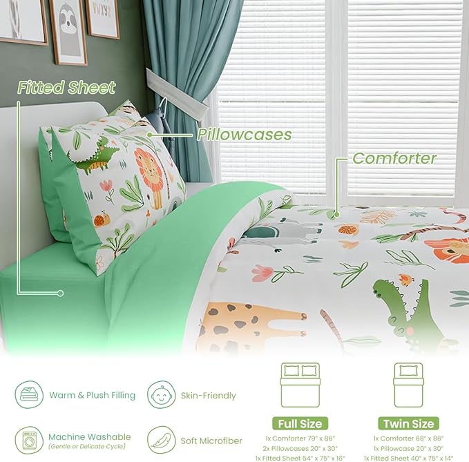 Jungle Animal Kids Bedding Set for Boys Girls, Ultra Soft Microfiber Comforter Set Full Size 4-Pieces, Comforters Bed Sets for Kid Tween Teen Bedroom Decor