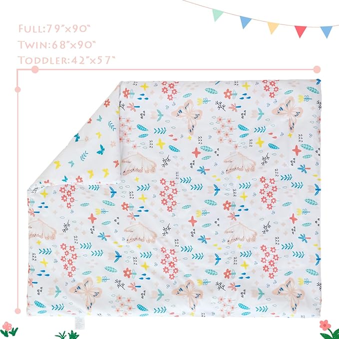 PERFEMET Girls Floral Comforter Set Twin Size 4 Pieces Botanical Flower Bedding Set Butterfly Pattern Teens Kids Bed in a Bag with Sheets for All Seasons(White, Twin)