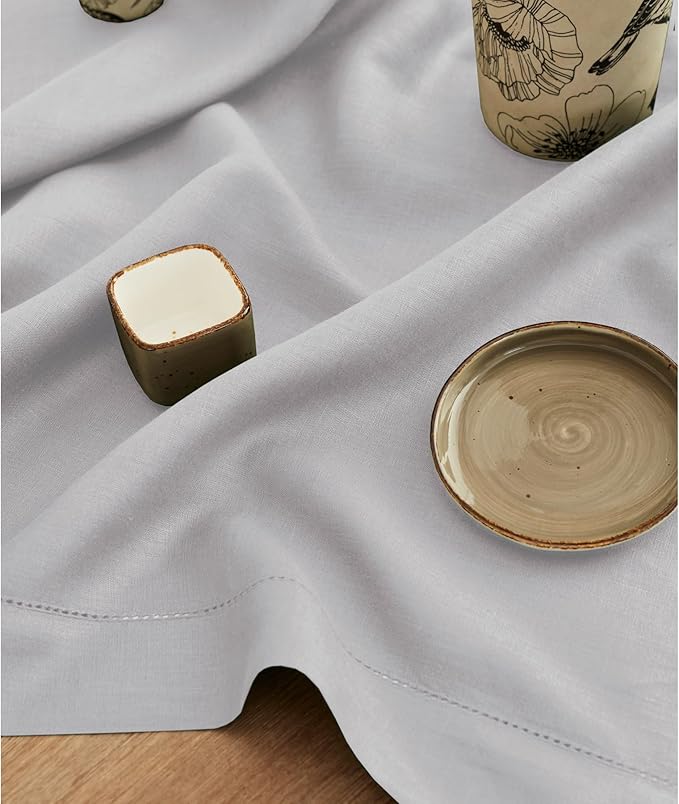 Solino Home Linen Soft Grey Table Runner 120 Inches Long - 100% Pure Linen Hemstitch 14 x 120 Inch Table Runner for Dining, Christmas, New Year - Classic Hemstitch