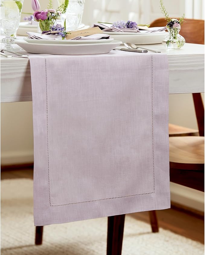 Solino Home Linen Lilac Table Runner 72 Inches Long - 100% Pure Linen Hemstitch Table Runner 14 x 72 Inch for Dresser, Dining, Christmas, New Year - Classic Hemstitch